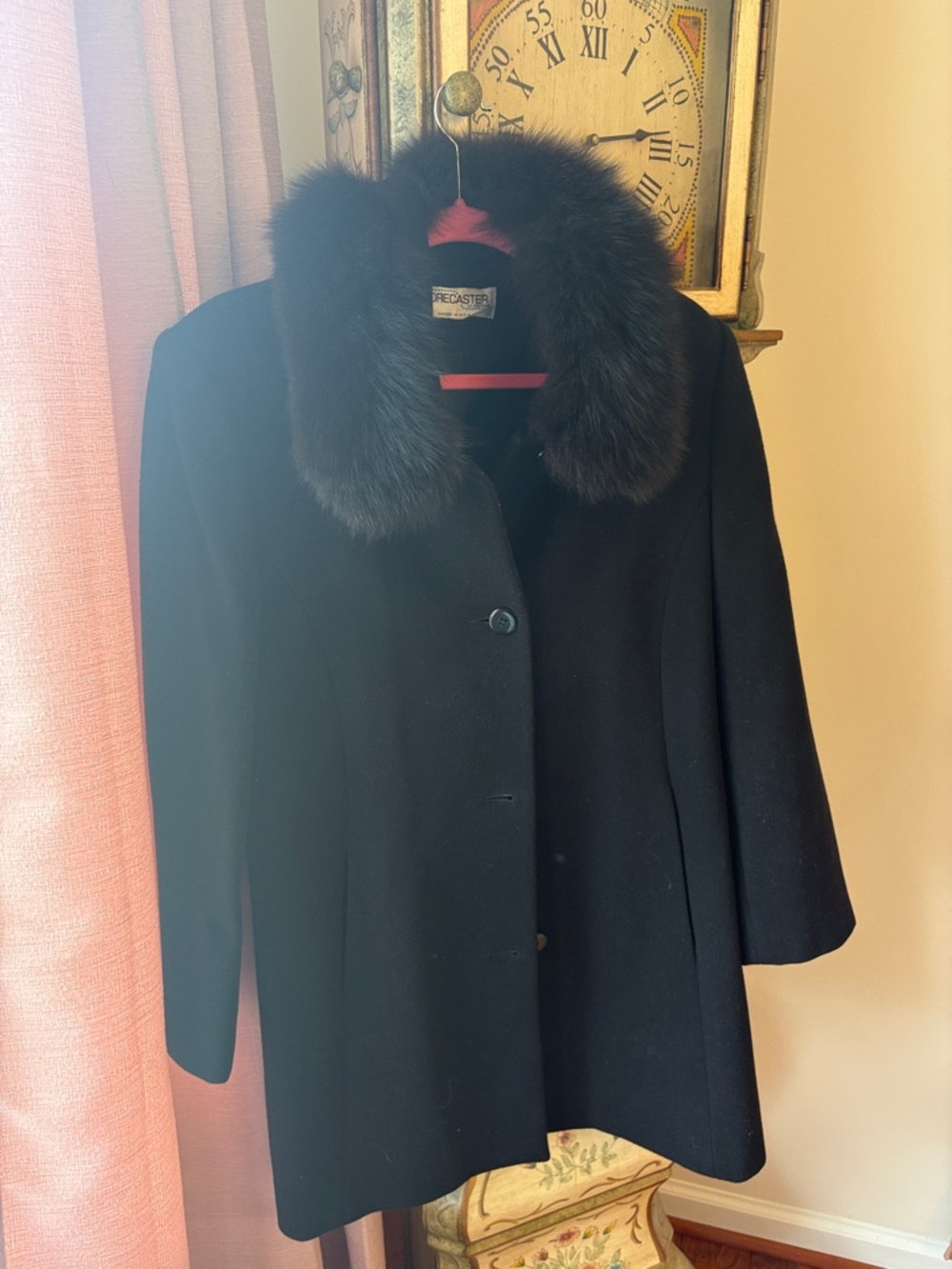Women’s Black Wool Pea Coat with Fur Collar - Classic Refinement